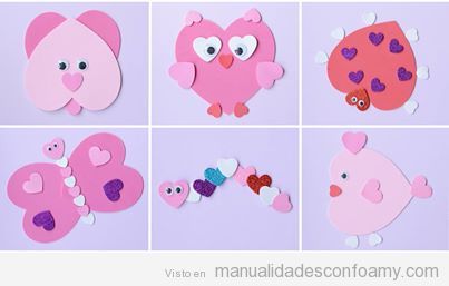Seis animalitos creados con foamy o goma eva y decorados con corazones.