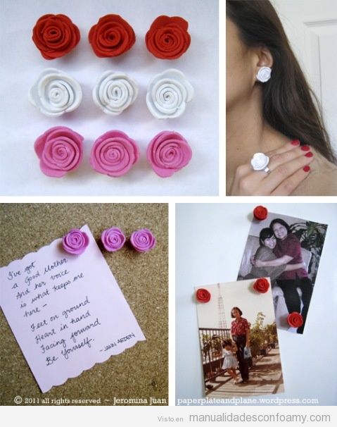 Pendientes y anillos con fotma de rosa hechos con foamy o goma eva