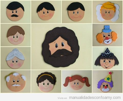 Caras de personas de una familia hechas con goma eva