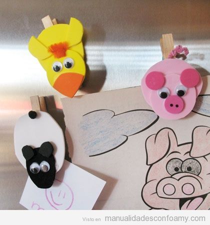 Pollo, cerdo y oveja de goma eva en pinzas, manualidades para niños
