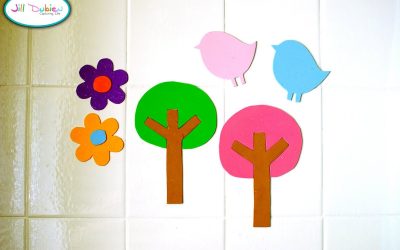 Flores, árboles y pájaros en goma eva para pegar en la bañera y que jueguen los niños